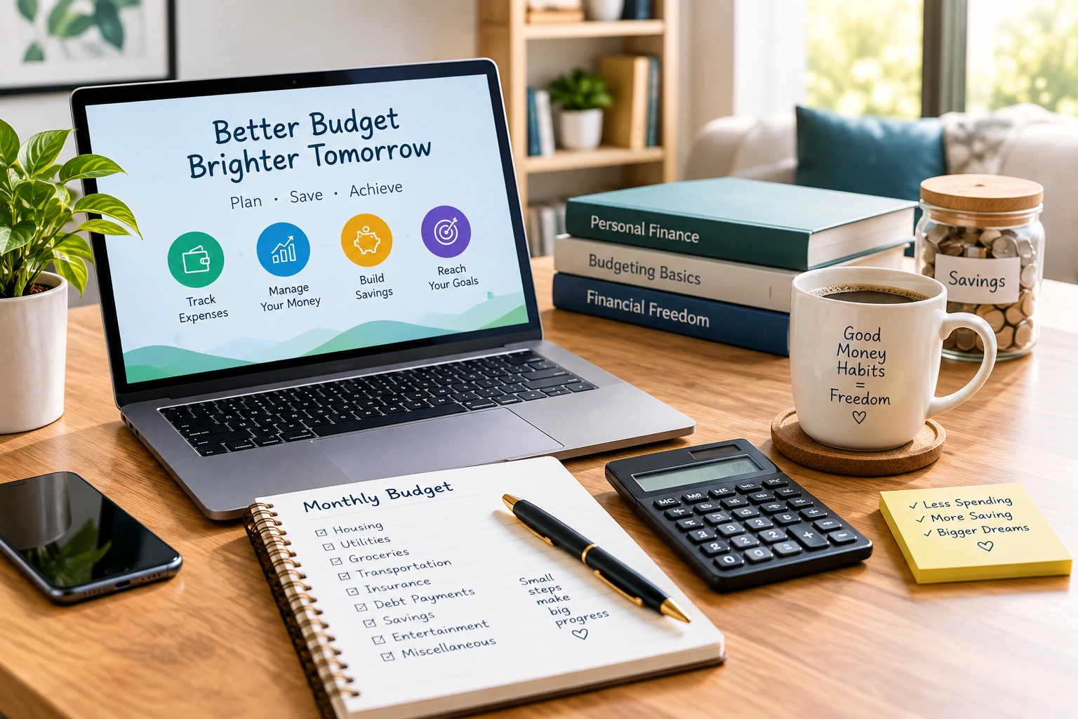 Personal finance planning with a laptop, calculator, notebook and money management tools